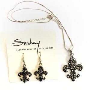 Crystal Fleur-de-lis Necklace and Earrings Set NWT